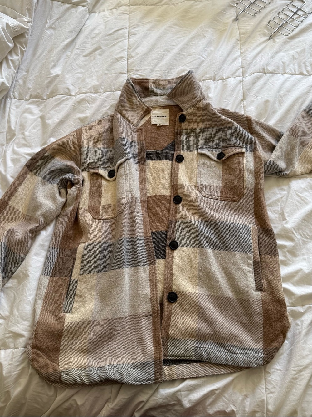 Lucky Brand Women’s  Plaid Shacket in Beige, Brown and Gray
